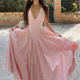 Pink Gingham Halter Neck Flared Maxi Dress