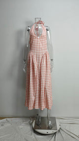 Pink Gingham Halter Neck Flared Maxi Dress
