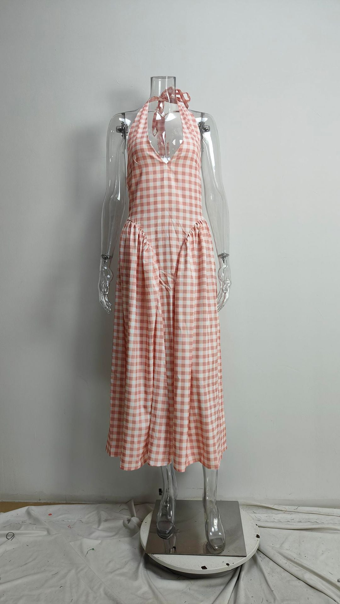 Pink Gingham Halter Neck Flared Maxi Dress