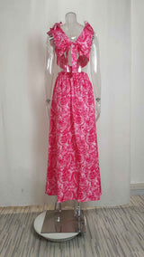 Paisley Print Cutout Ruffle Sleeve Maxi Dress