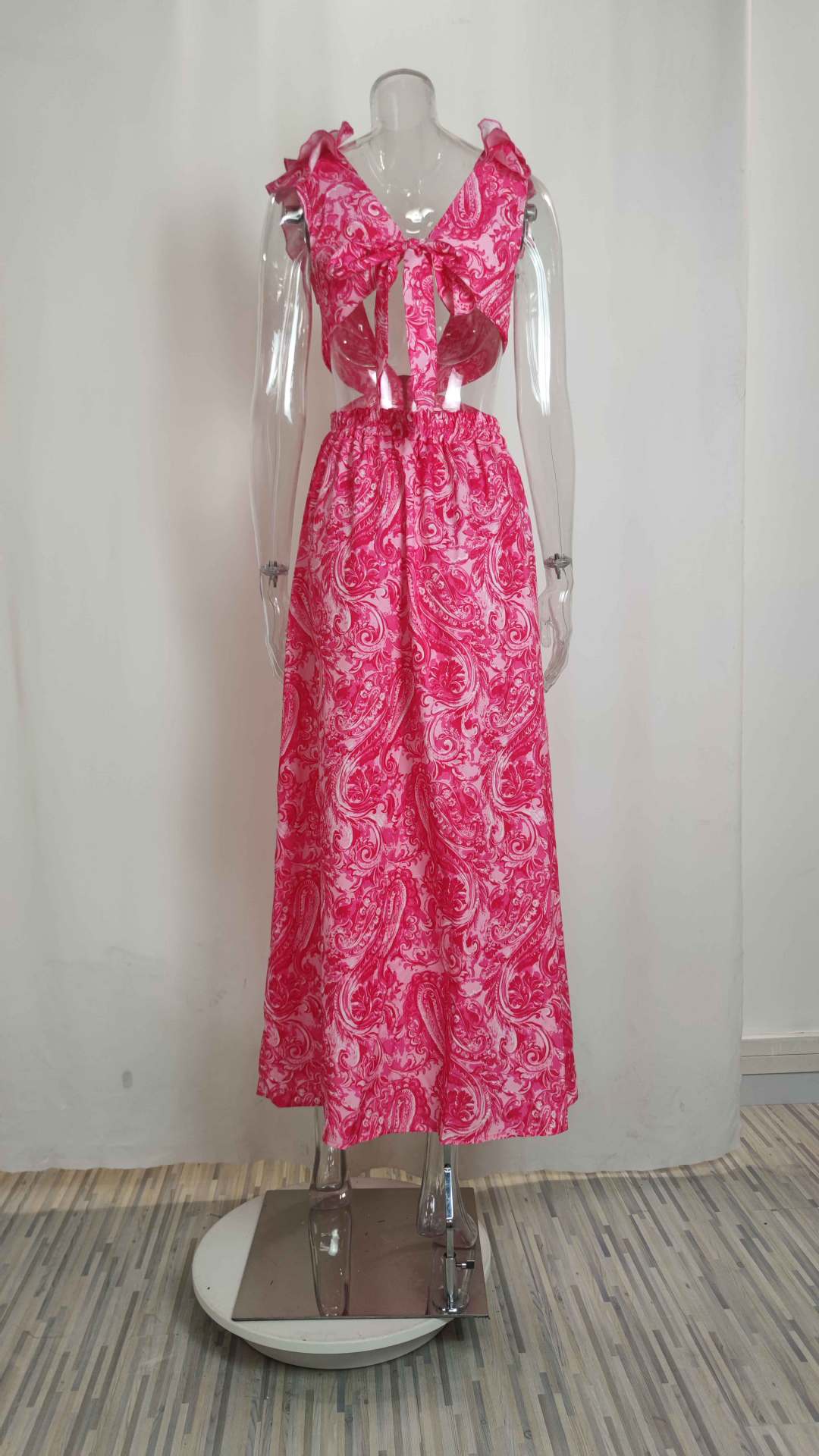 Paisley Print Cutout Ruffle Sleeve Maxi Dress