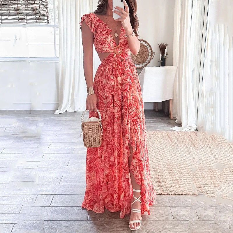 Paisley Print Cutout Ruffle Sleeve Maxi Dress