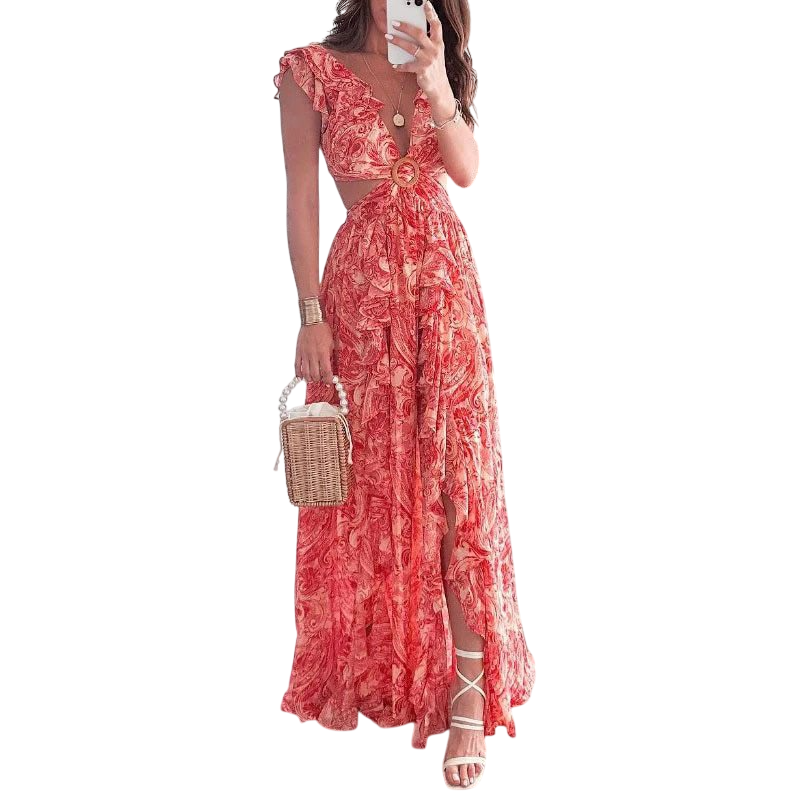 Paisley Print Cutout Ruffle Sleeve Maxi Dress