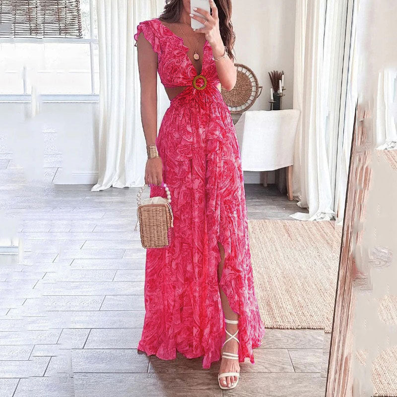 Paisley Print Cutout Ruffle Sleeve Maxi Dress