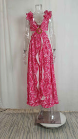Paisley Print Cutout Ruffle Sleeve Maxi Dress