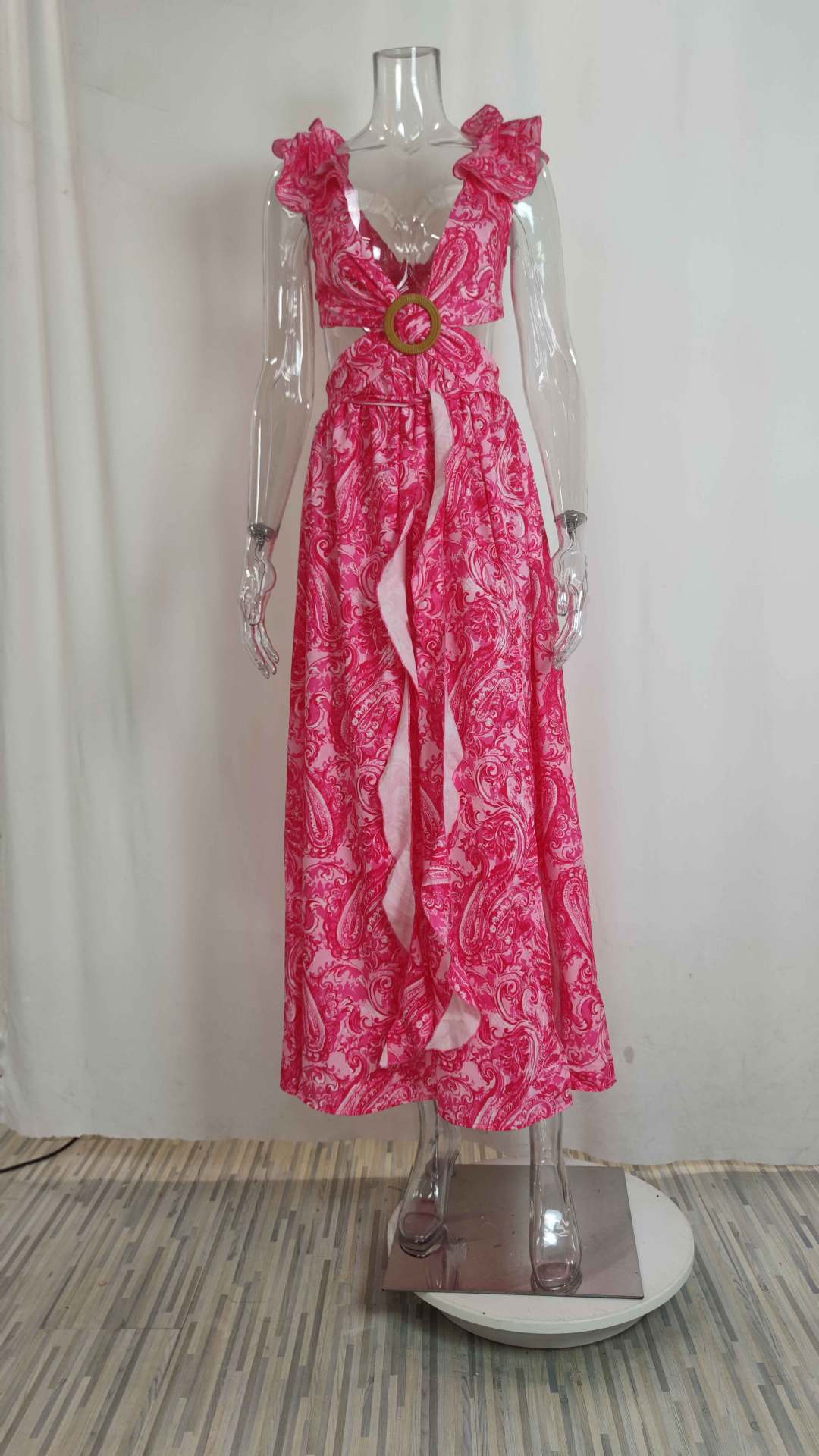 Paisley Print Cutout Ruffle Sleeve Maxi Dress