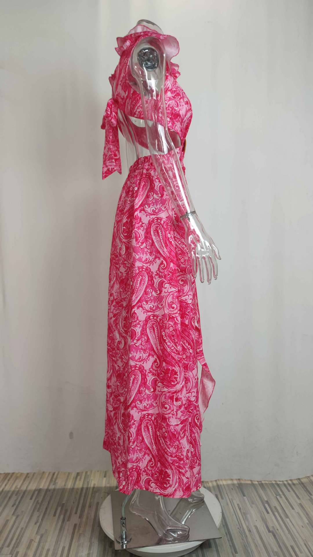 Paisley Print Cutout Ruffle Sleeve Maxi Dress