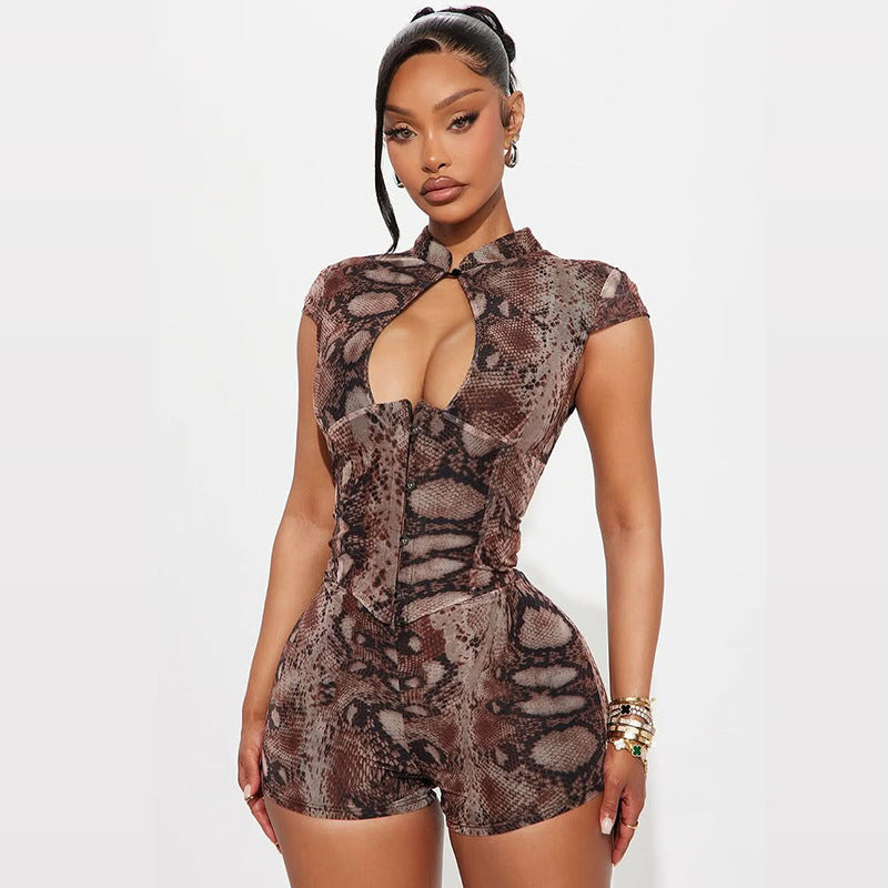 Snake Print Keyhole Bodycon Romper for Women