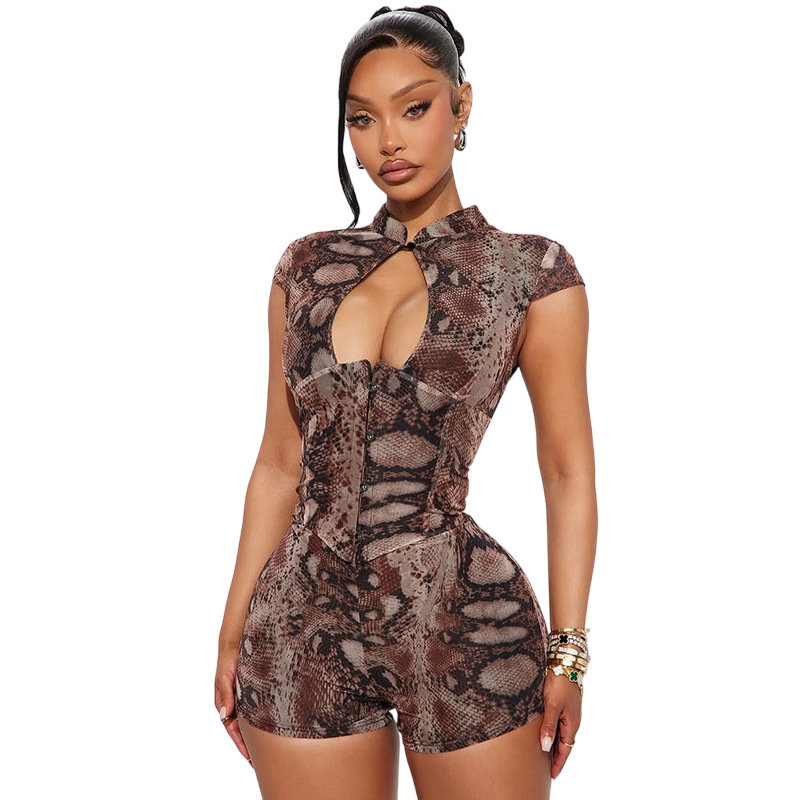 Snake Print Keyhole Bodycon Romper for Women