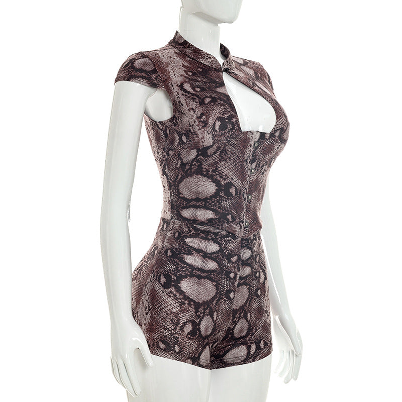 Snake Print Keyhole Bodycon Romper for Women
