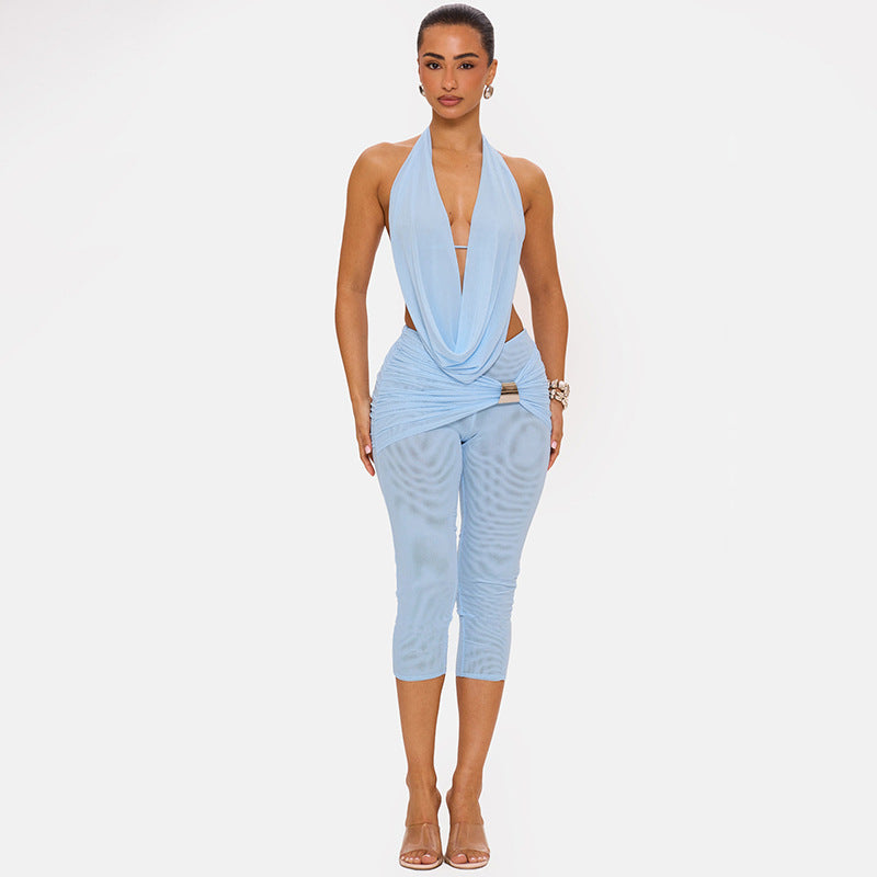 Halter Neck Draped Cutout Capri Jumpsuit Women