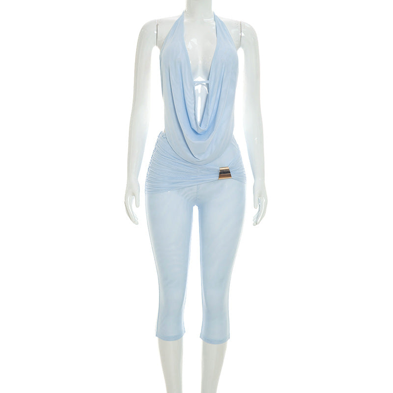 Halter Neck Draped Cutout Capri Jumpsuit Women