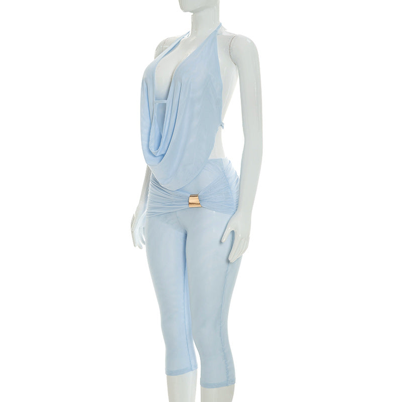 Halter Neck Draped Cutout Capri Jumpsuit Women