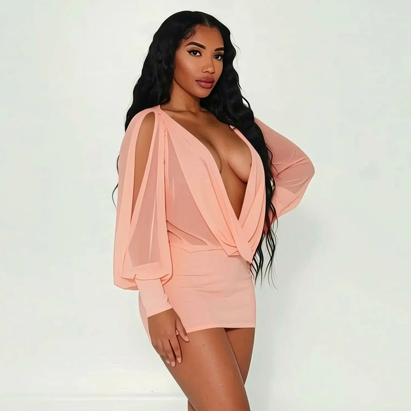 Plunge Neck Bodycon Mini Dress with Puff Sleeves