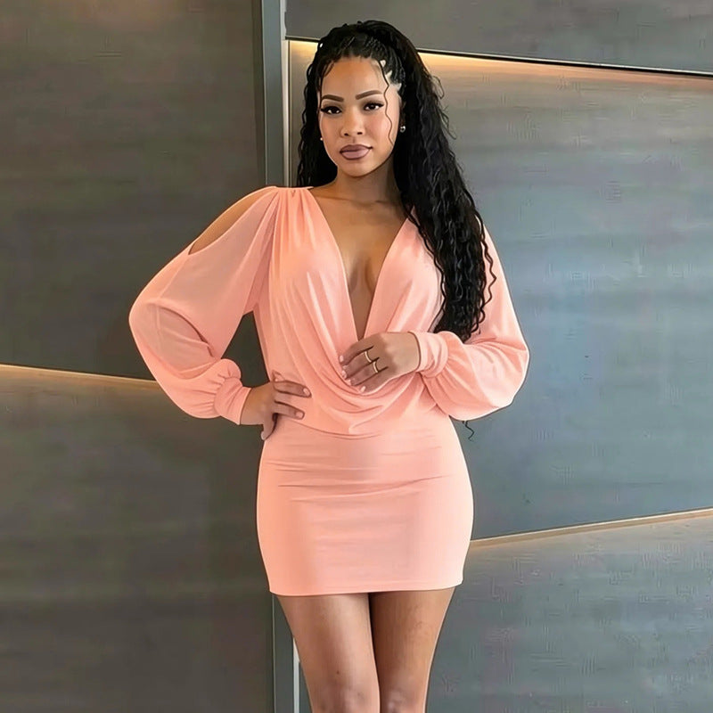 Plunge Neck Bodycon Mini Dress with Puff Sleeves