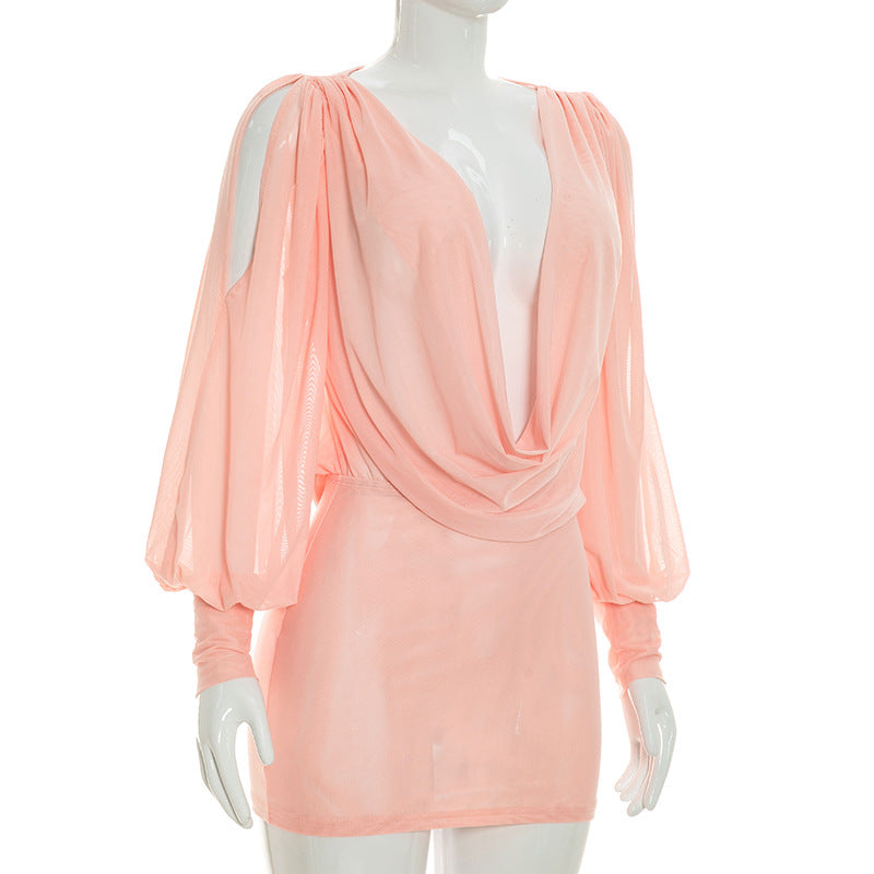 Plunge Neck Bodycon Mini Dress with Puff Sleeves