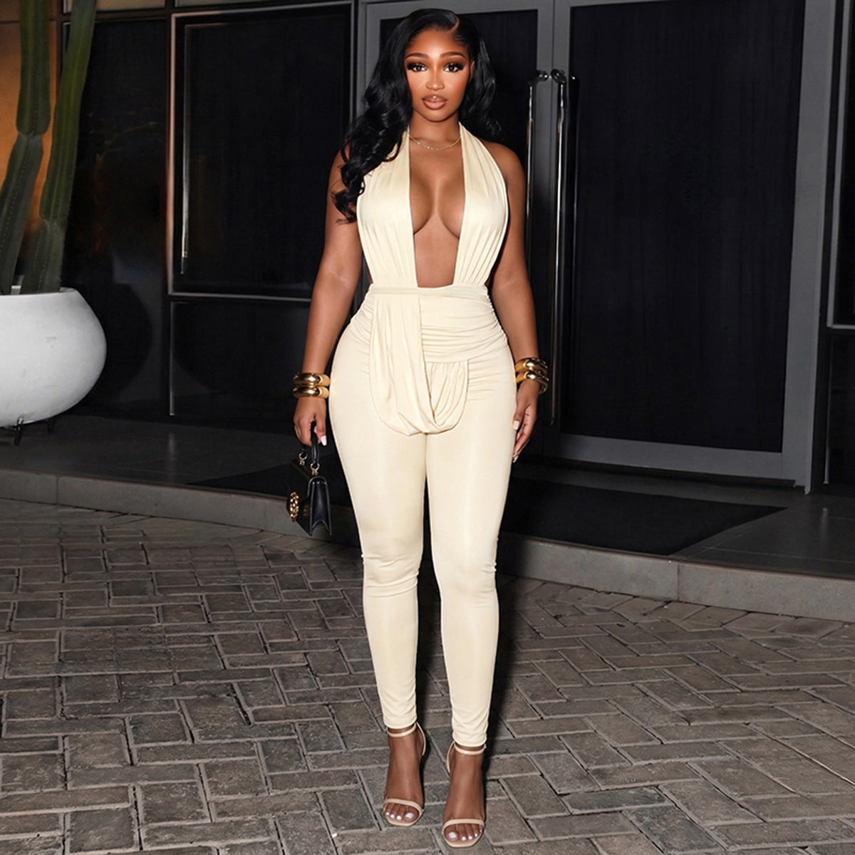 Plunge Halter Ruched Bodycon Jumpsuit for Women