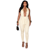 Plunge Halter Ruched Bodycon Jumpsuit for Women