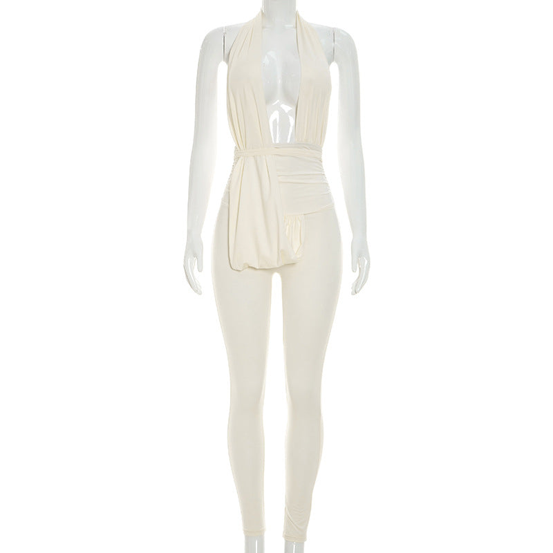 Plunge Halter Ruched Bodycon Jumpsuit for Women