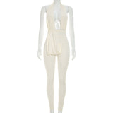 Plunge Halter Ruched Bodycon Jumpsuit for Women