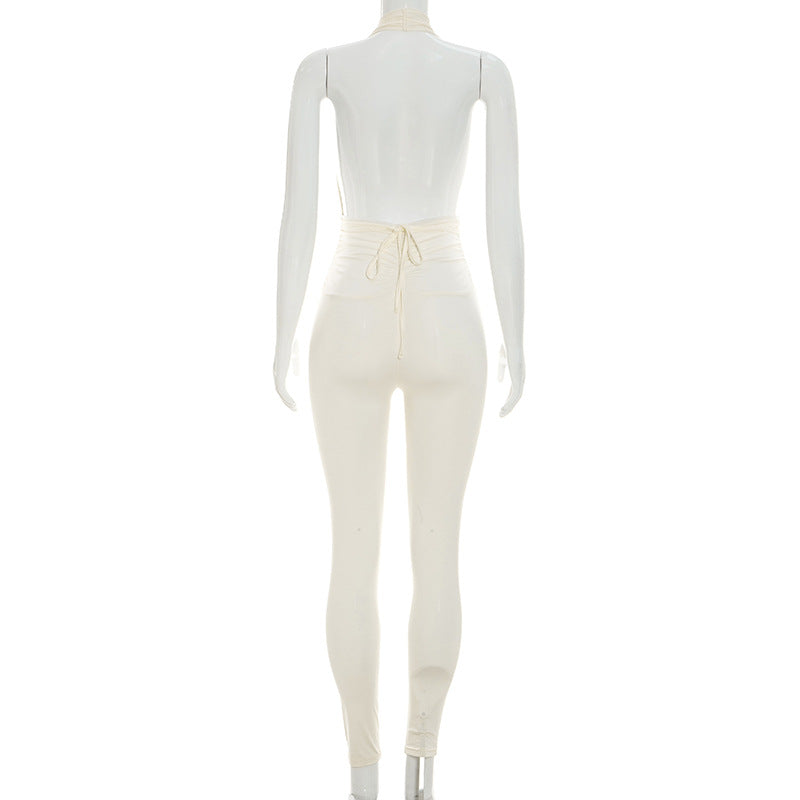 Plunge Halter Ruched Bodycon Jumpsuit for Women