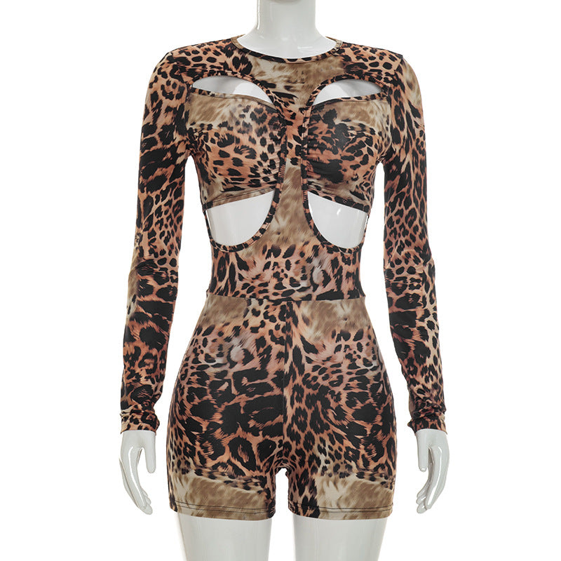 Leopard Print Cutout Bodycon Romper for Women