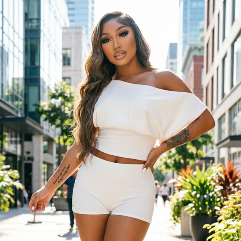 Off Shoulder Crop Top & Shorts Two Piece Set