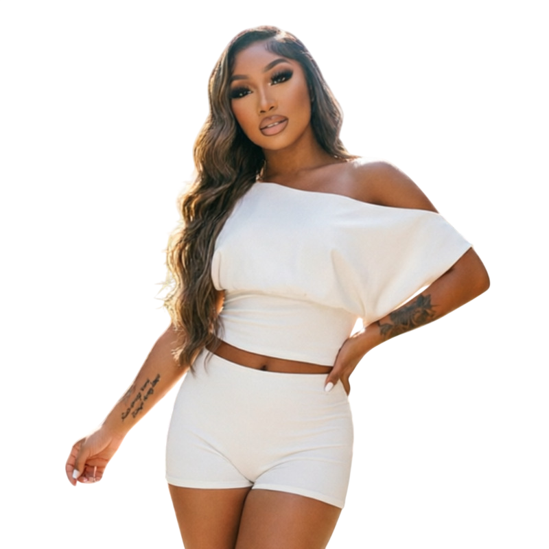 Off Shoulder Crop Top & Shorts Two Piece Set