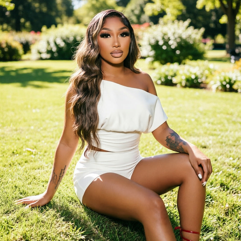 Off Shoulder Crop Top & Shorts Two Piece Set