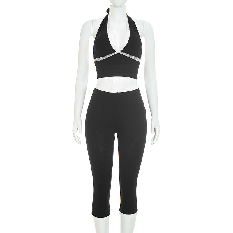 Lace Trim Halter Capri Jumpsuit for Women