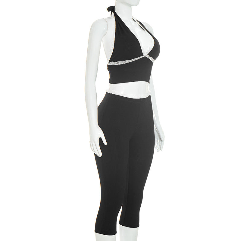 Lace Trim Halter Capri Jumpsuit for Women