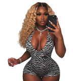 Zebra Print Halter Bodycon Romper for Women