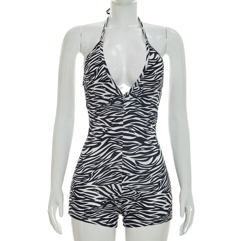 Zebra Print Halter Bodycon Romper for Women