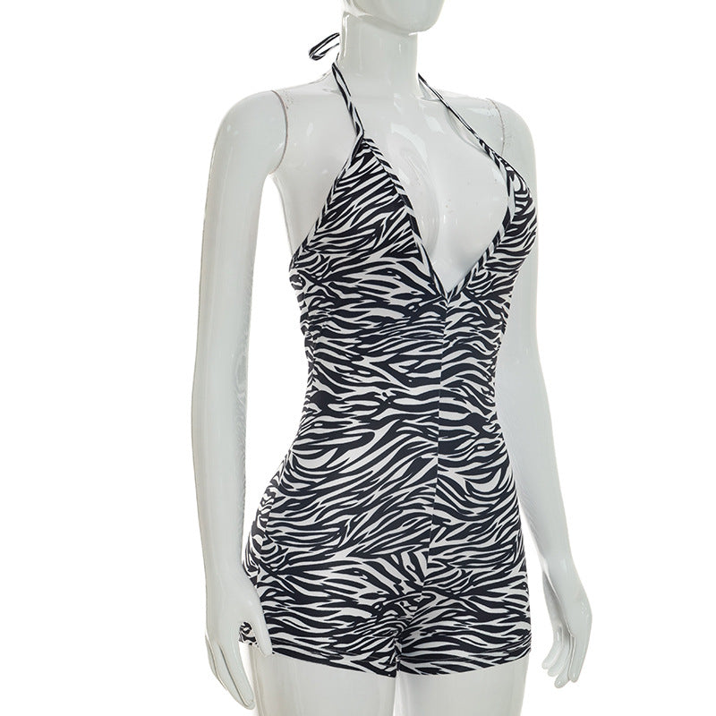 Zebra Print Halter Bodycon Romper for Women