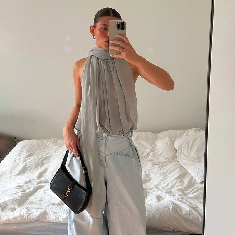 Draped Halter Scarf Neck Sleeveless Blouse Top