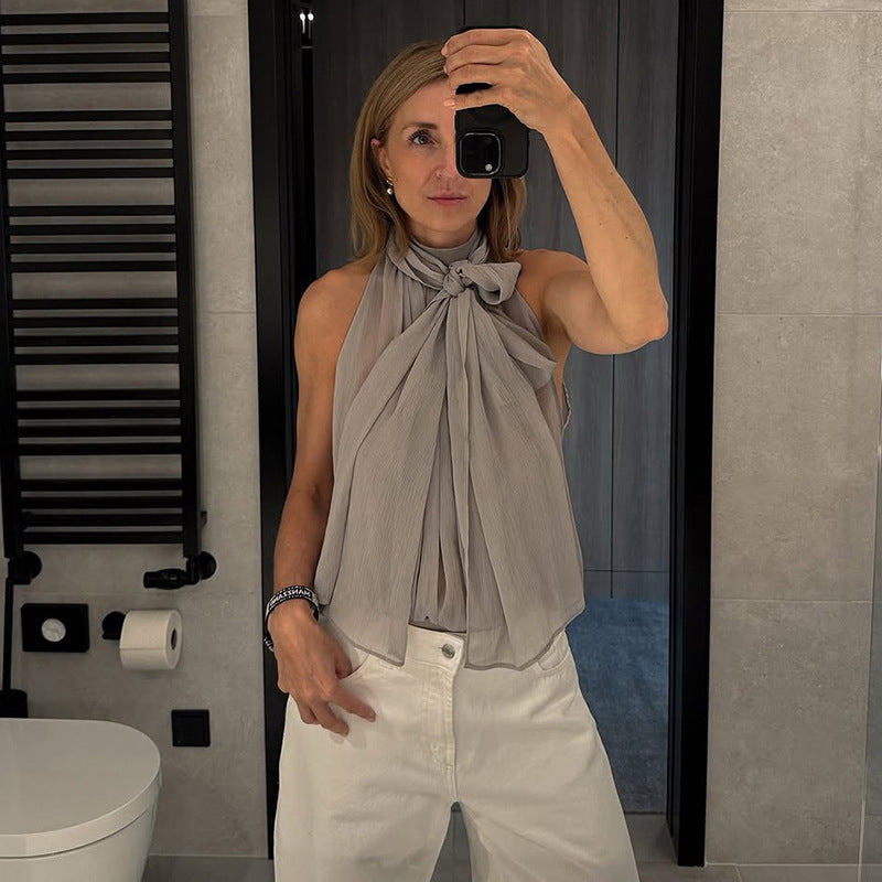 Draped Halter Scarf Neck Sleeveless Blouse Top