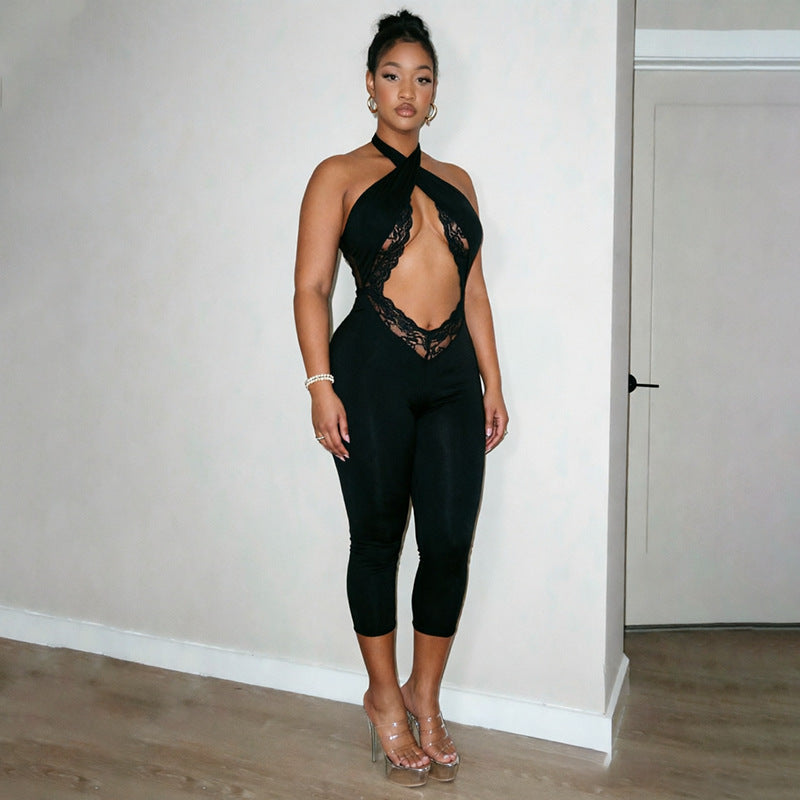 Lace Cutout Halter Capri Jumpsuit for Women