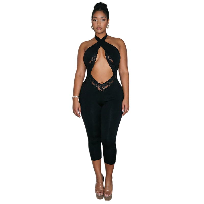 Lace Cutout Halter Capri Jumpsuit for Women