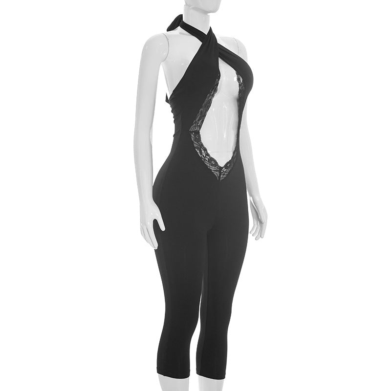 Lace Cutout Halter Capri Jumpsuit for Women