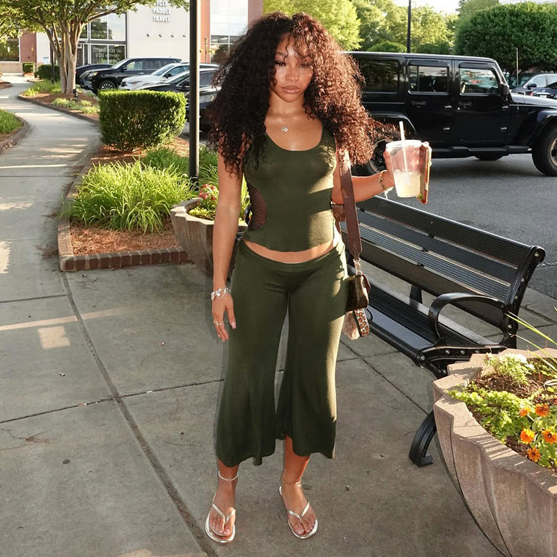 Cutout Crop Tank & Wide Leg Pants Two Piece Set