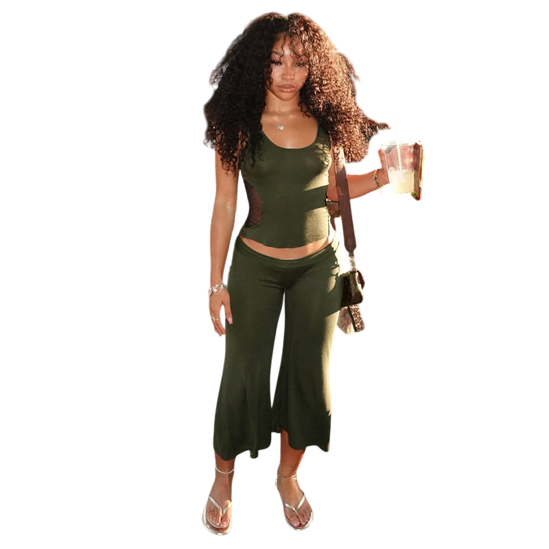 Cutout Crop Tank & Wide Leg Pants Two Piece Set