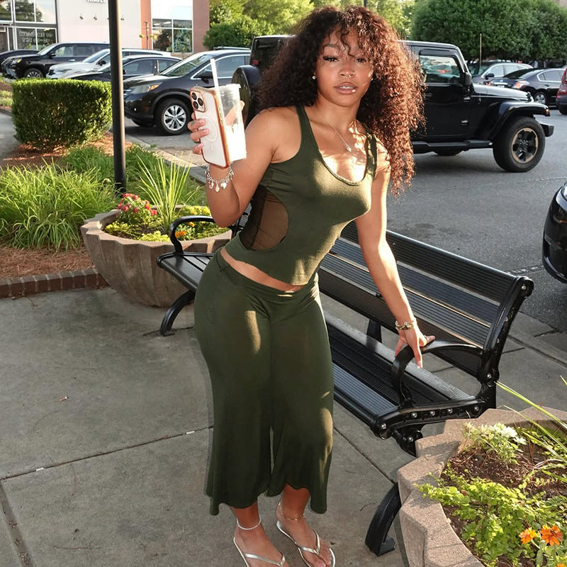 Cutout Crop Tank & Wide Leg Pants Two Piece Set
