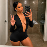 Plunge V Neck Long Sleeve Bodycon Romper Women