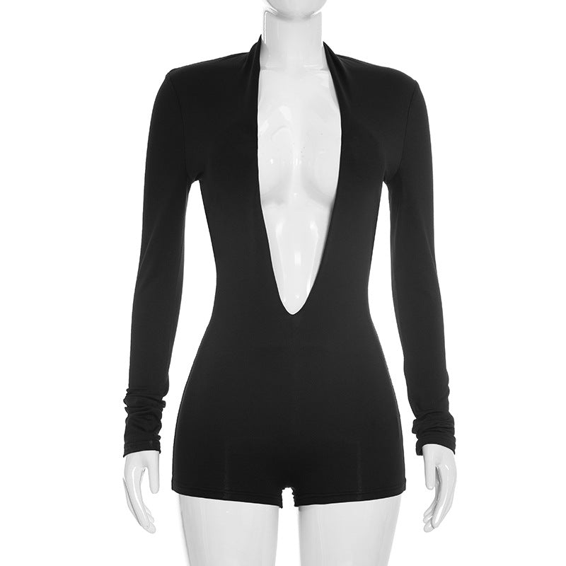 Plunge V Neck Long Sleeve Bodycon Romper Women