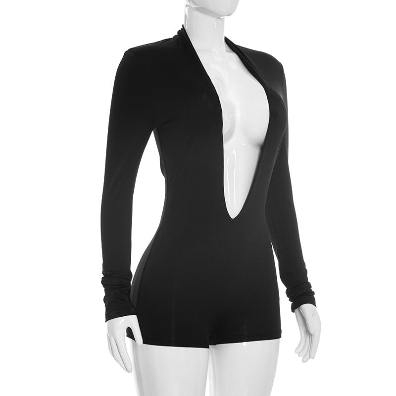 Plunge V Neck Long Sleeve Bodycon Romper Women