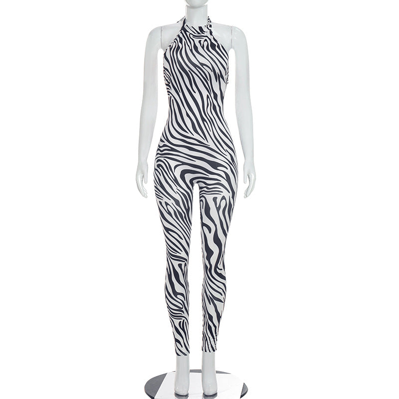 Zebra Print Sleeveless Bodycon Jumpsuit for Women
