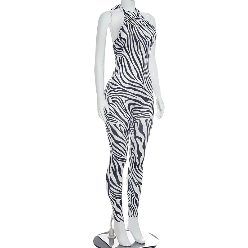 Zebra Print Sleeveless Bodycon Jumpsuit for Women