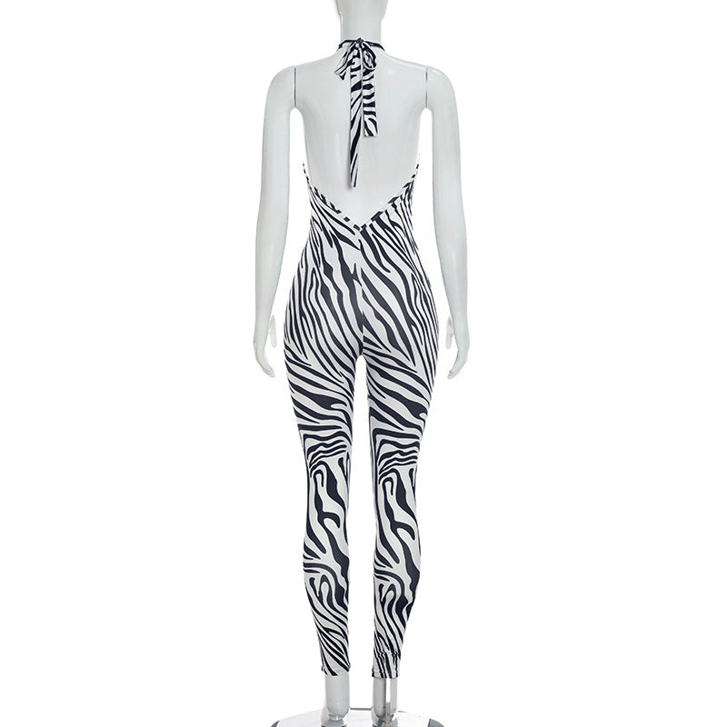 Zebra Print Sleeveless Bodycon Jumpsuit for Women
