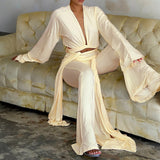 Wrap Tie Cut Out Two Piece Pant Set for Women Chic