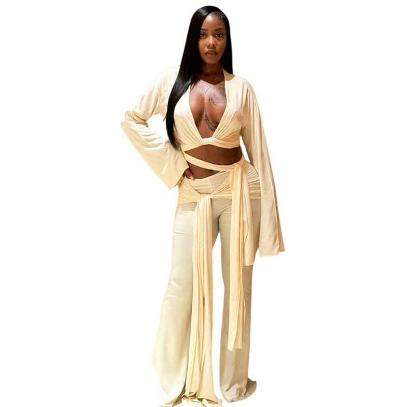 Wrap Tie Cut Out Two Piece Pant Set for Women Chic